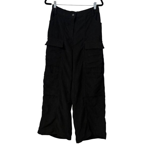 Womens Black Corduroy Cargo Wide Leg High Waist Pants Slight Stretch Size Medium - Picture 1 of 11